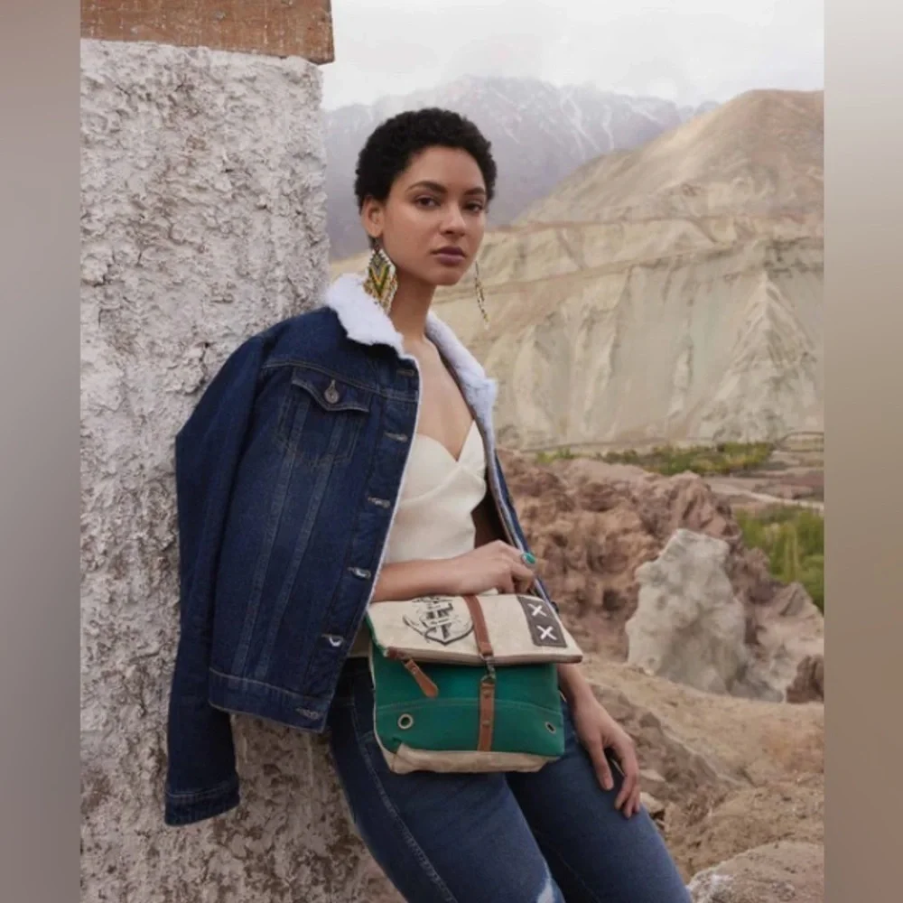 MYRA BAGS Burlander Patch Teal Small Crossbody Bag canvas leather stitch anchor